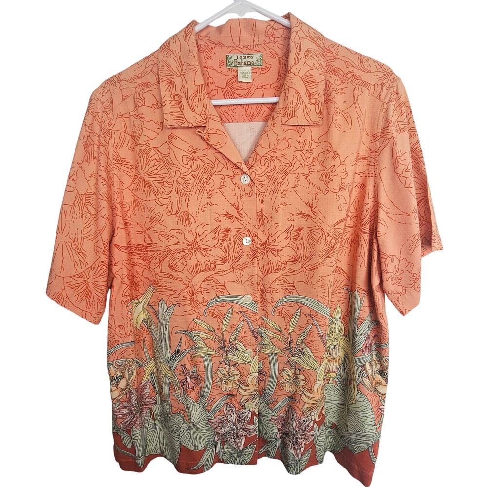 Tommy Bahama Womens Floral Silk Hawaiian Shirt Size L Tropical Beach Resortwear